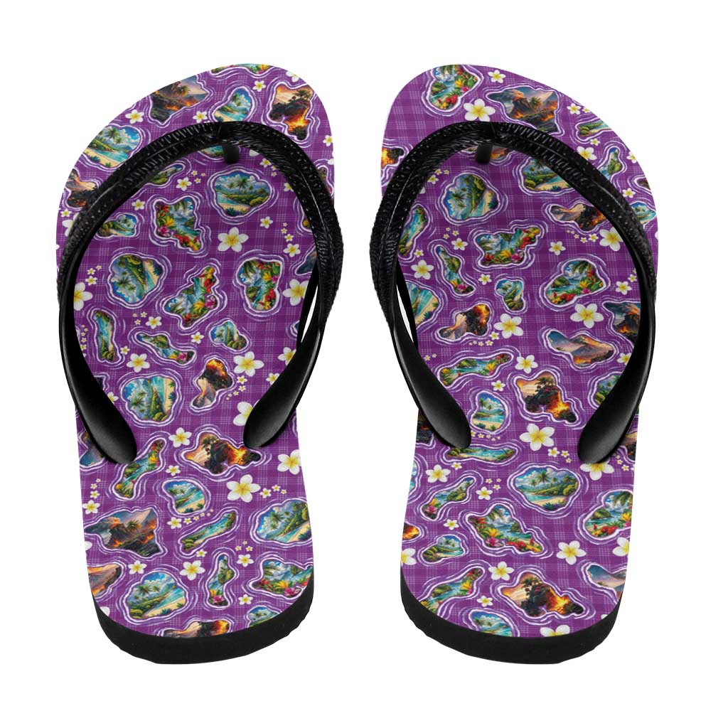 Hawaiian Island Shapes-Iconic Landscape Flip Flops with Plumeria and Palaka Purple Color