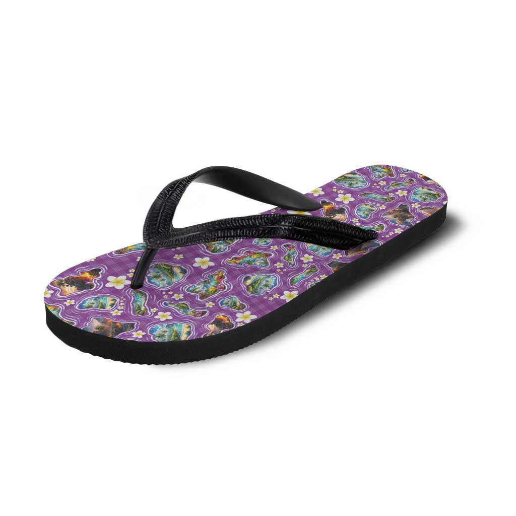 Hawaiian Island Shapes-Iconic Landscape Flip Flops with Plumeria and Palaka Purple Color
