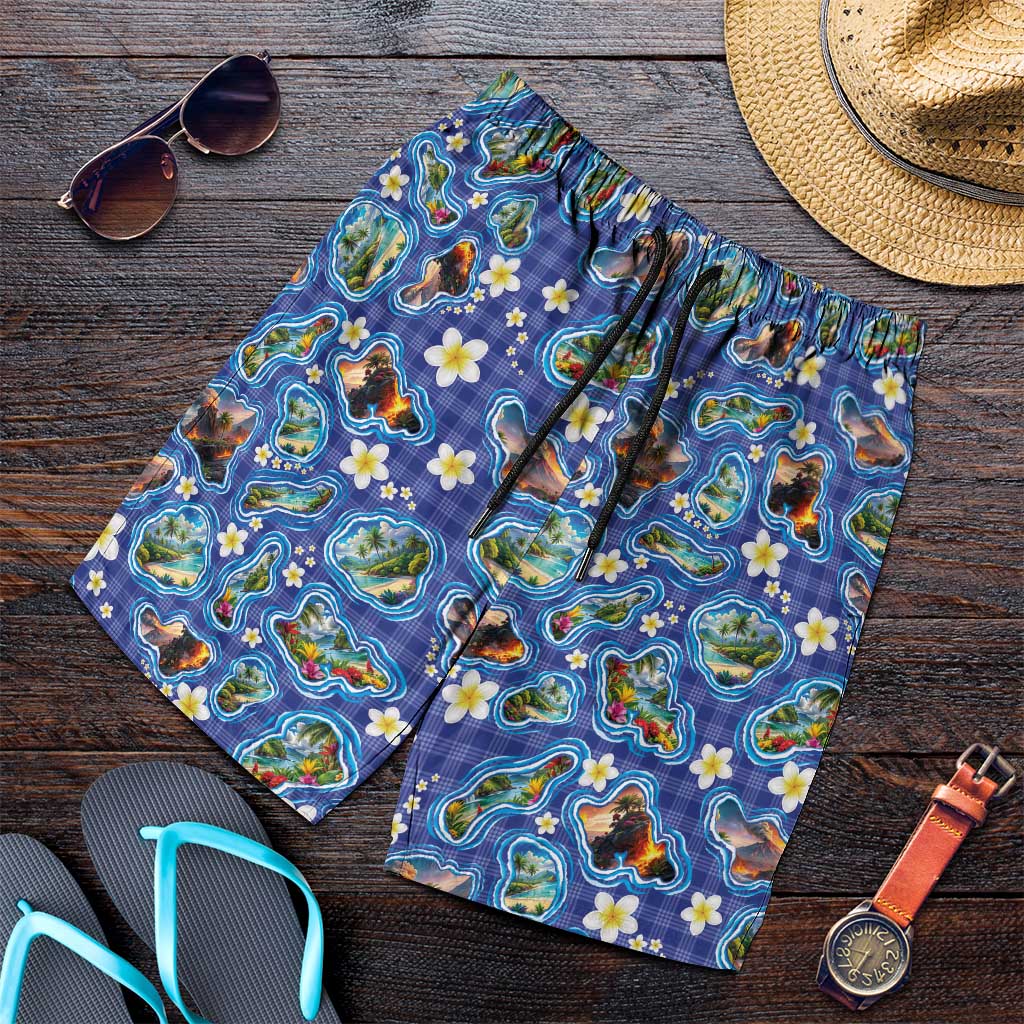 Hawaiian Island Shapes-Iconic Landscape Shorts for Men with Plumeria and Palaka Blue Color