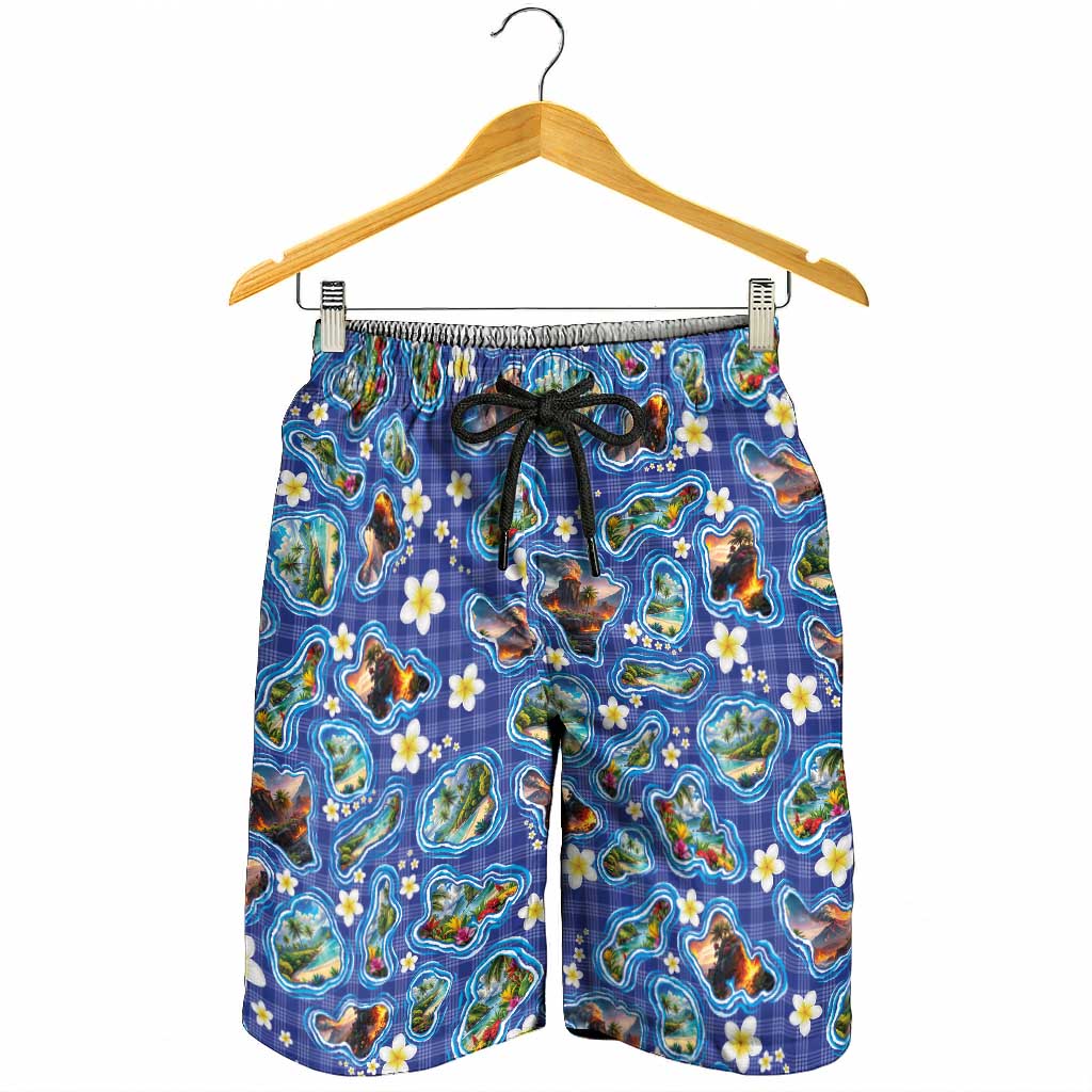 Hawaiian Island Shapes-Iconic Landscape Shorts for Men with Plumeria and Palaka Blue Color