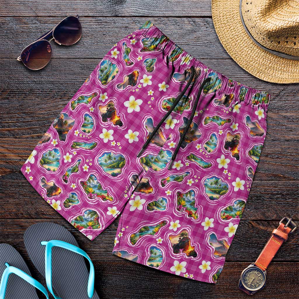 Hawaiian Island Shapes-Iconic Landscape Shorts for Men with Plumeria and Palaka Pink Color