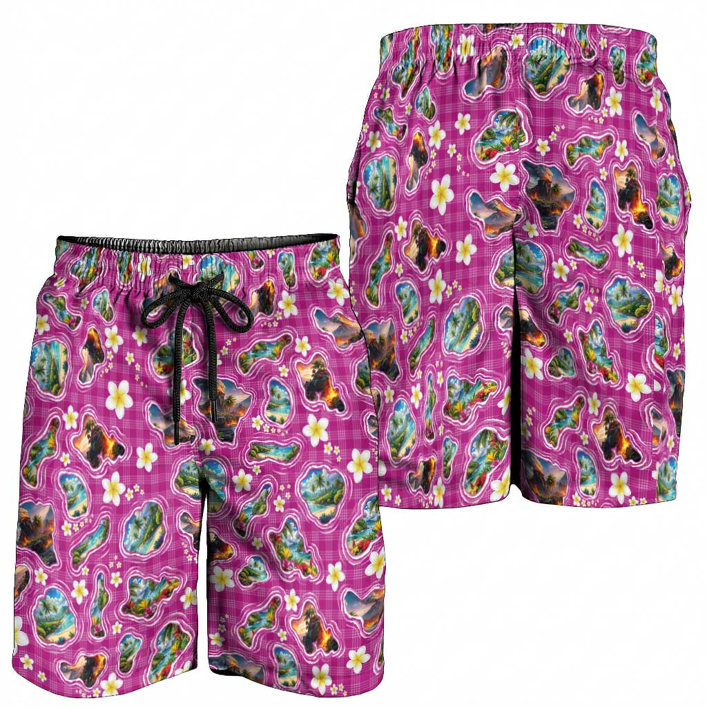 Hawaiian Island Shapes-Iconic Landscape Shorts for Men with Plumeria and Palaka Pink Color