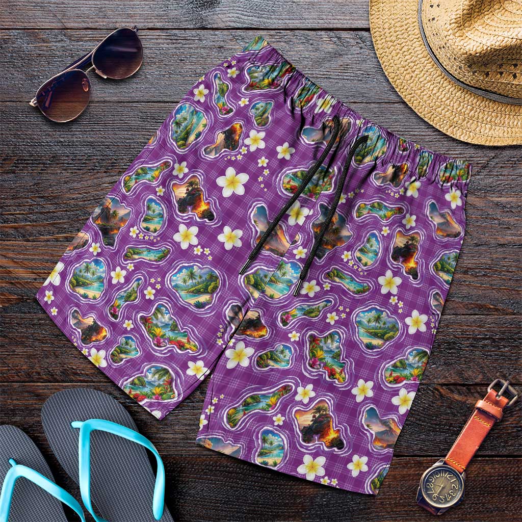 Hawaiian Island Shapes-Iconic Landscape Shorts for Men with Plumeria and Palaka Purple Color