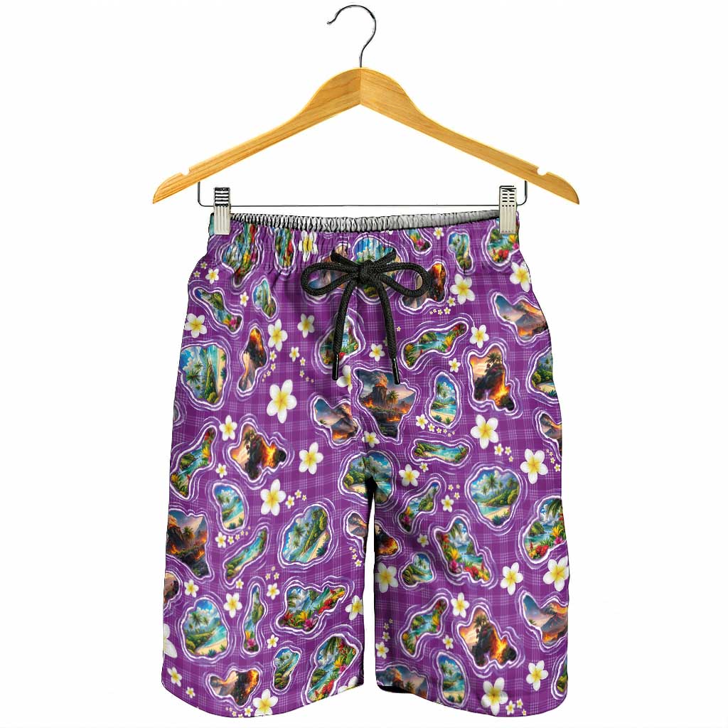 Hawaiian Island Shapes-Iconic Landscape Shorts for Men with Plumeria and Palaka Purple Color LT03 - Polynesian Pride