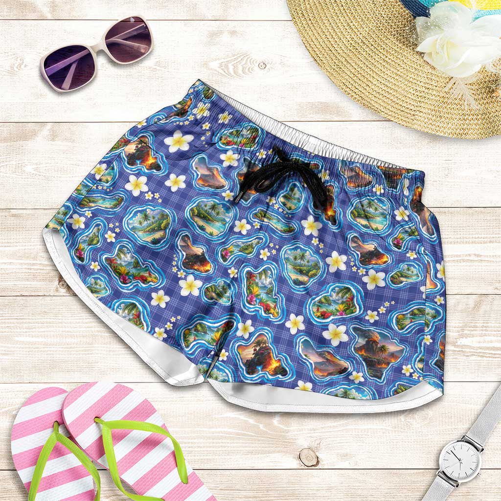 Hawaiian Island Shapes-Iconic Landscape Shorts for Women with Plumeria and Palaka Blue Color