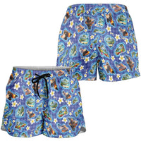 Hawaiian Island Shapes-Iconic Landscape Shorts for Women with Plumeria and Palaka Blue Color LT03 - Polynesian Pride
