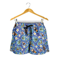 Hawaiian Island Shapes-Iconic Landscape Shorts for Women with Plumeria and Palaka Blue Color LT03 - Polynesian Pride