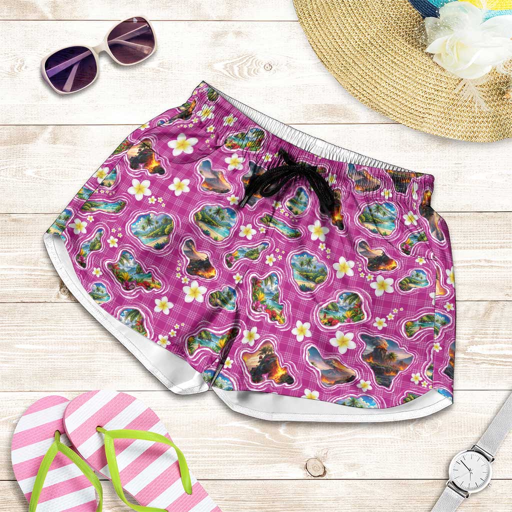 Hawaiian Island Shapes-Iconic Landscape Shorts for Women with Plumeria and Palaka Pink Color LT03 Pink - Polynesian Pride
