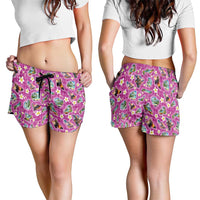 Hawaiian Island Shapes-Iconic Landscape Shorts for Women with Plumeria and Palaka Pink Color LT03 - Polynesian Pride
