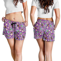Hawaiian Island Shapes-Iconic Landscape Shorts for Women with Plumeria and Palaka Purple Color LT03 - Polynesian Pride