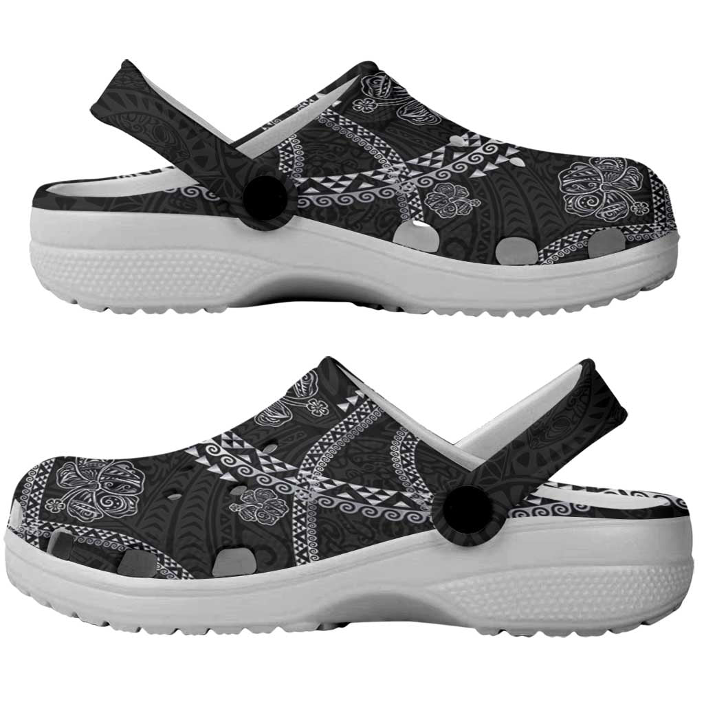 Hawaiian Kakau Art and Hisbiscus Tattoo Clogs Shoes Tribal Pattern-Silver Style - Polynesian Pride