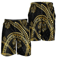 Hawaiian Kakau Art and Hisbiscus Tattoo Shorts for Men Tribal Pattern-Gold Style - Polynesian Pride