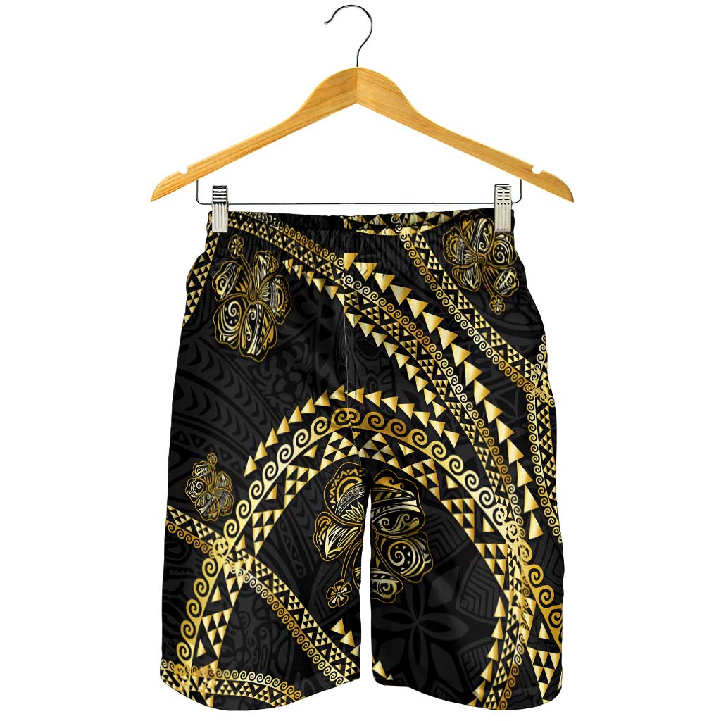 Hawaiian Kakau Art and Hisbiscus Tattoo Shorts for Men Tribal Pattern-Gold Style - Polynesian Pride