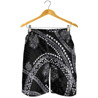 Hawaiian Kakau Art and Hisbiscus Tattoo Shorts for Men Tribal Pattern-Silver Style - Polynesian Pride