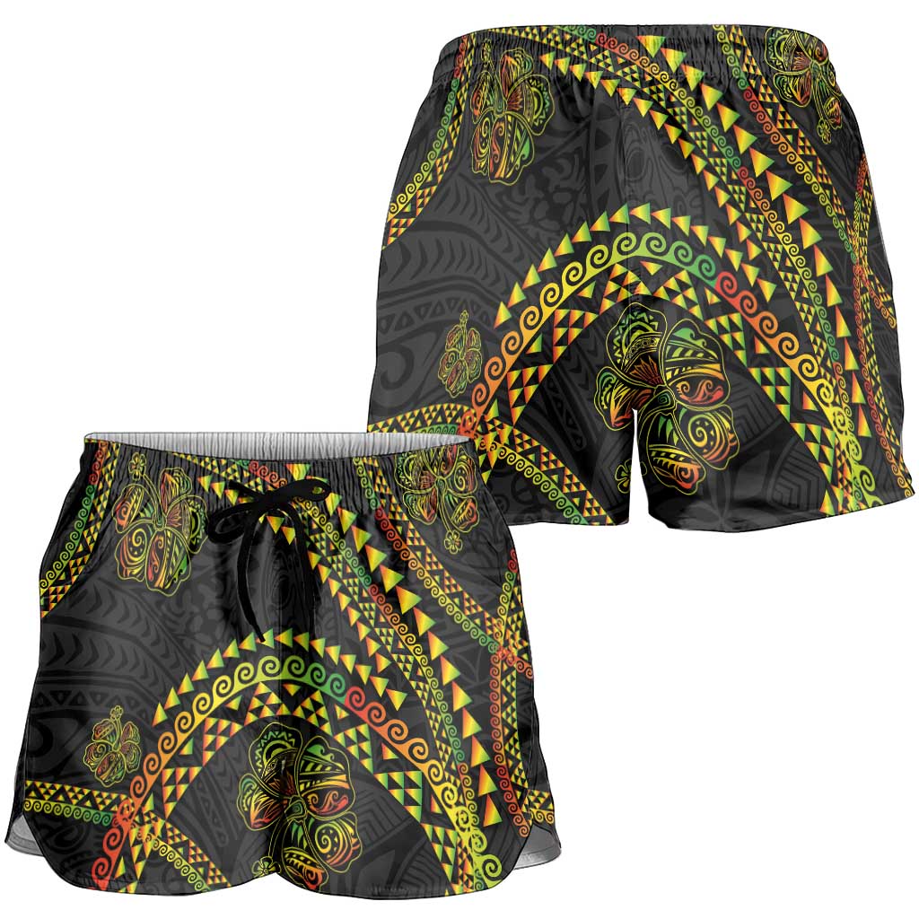 Hawaiian Kakau Art and Hisbiscus Tattoo Shorts for Women Tribal Pattern-Reggae Style - Polynesian Pride