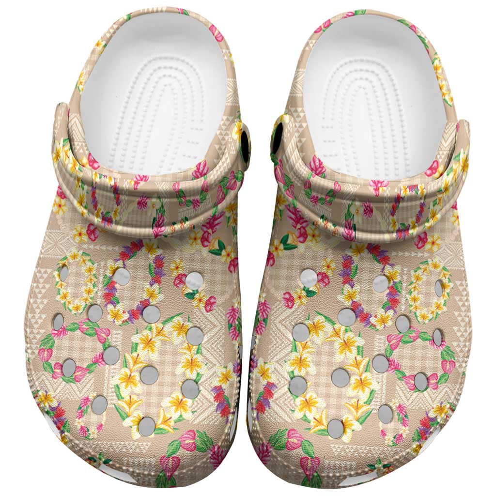 Hawaiian Kakau Tattoo Leis and Palaka Pattern Clogs Shoes Traditional Aloha Tribal Beige Color