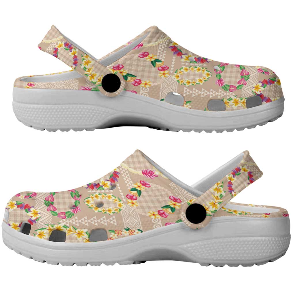 Hawaiian Kakau Tattoo Leis and Palaka Pattern Clogs Shoes Traditional Aloha Tribal Beige Color