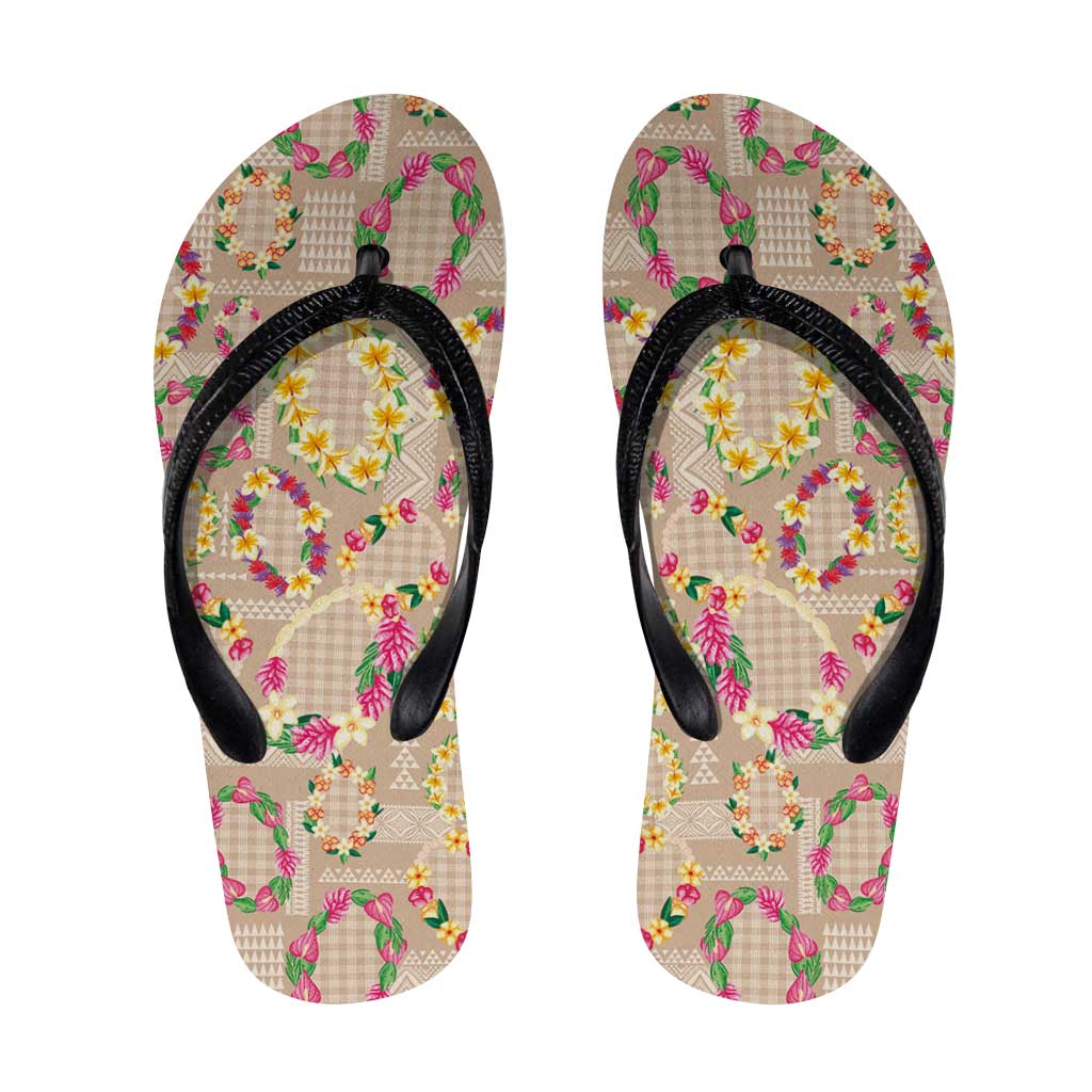 Hawaiian Kakau Tattoo Leis and Palaka Pattern Flip Flops Traditional Aloha Tribal Beige Color