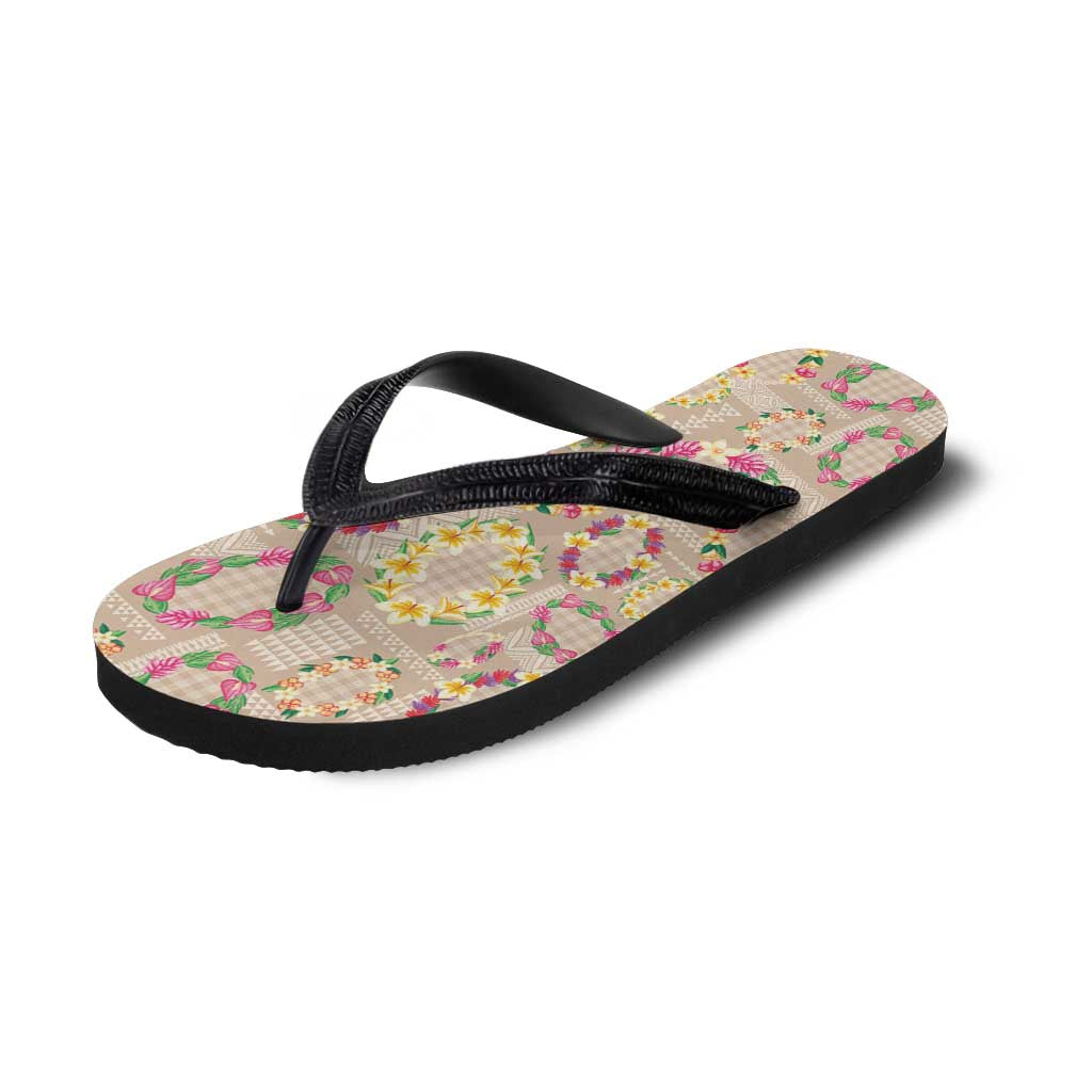 Hawaiian Kakau Tattoo Leis and Palaka Pattern Flip Flops Traditional Aloha Tribal Beige Color