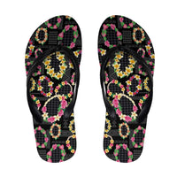 Hawaiian Kakau Tattoo Leis and Palaka Pattern Flip Flops Traditional Aloha Tribal Black Color