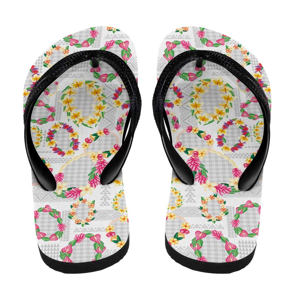 Hawaiian Kakau Tattoo Leis and Palaka Pattern Flip Flops Traditional Aloha Tribal White Color