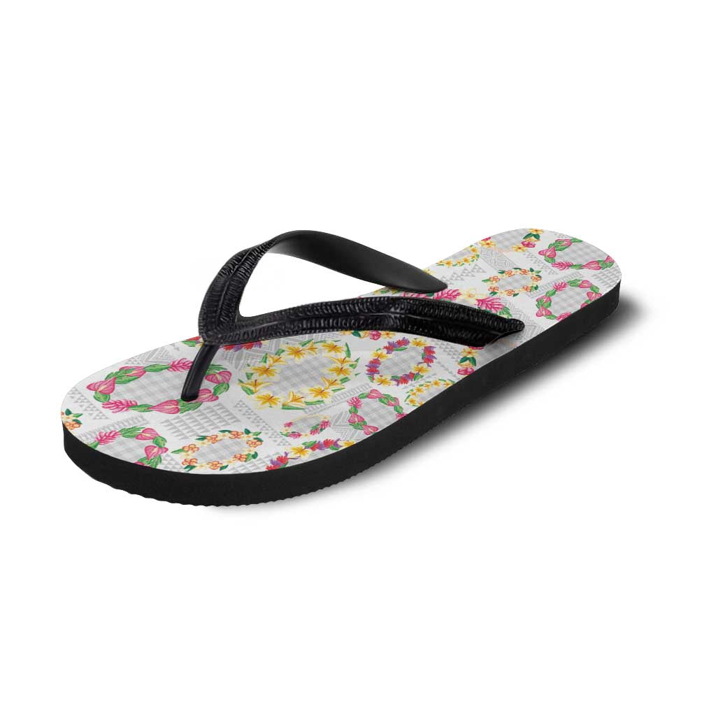 Hawaiian Kakau Tattoo Leis and Palaka Pattern Flip Flops Traditional Aloha Tribal White Color