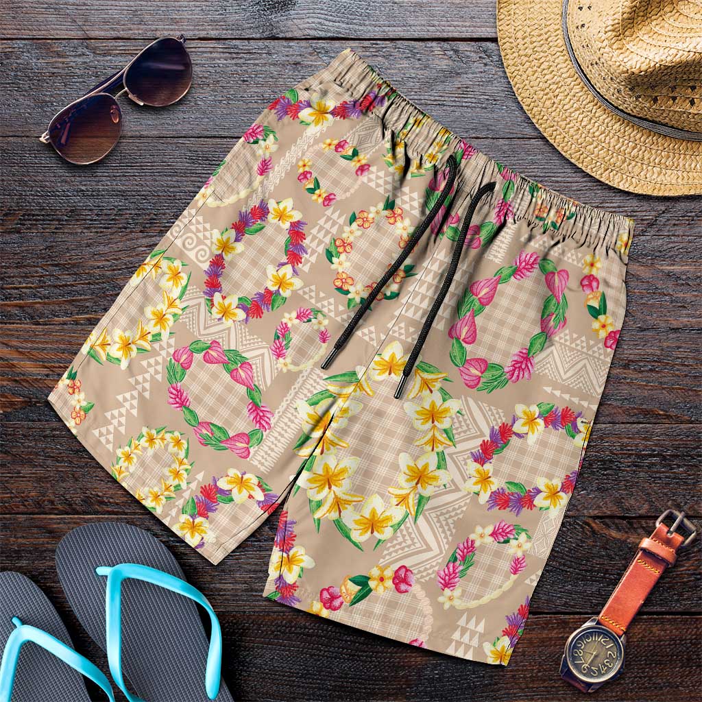 Hawaiian Kakau Tattoo Leis and Palaka Pattern Shorts for Men Traditional Aloha Tribal Beige Color