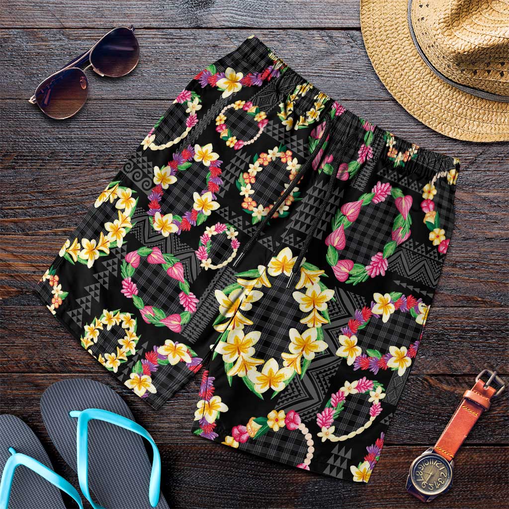 Hawaiian Kakau Tattoo Leis and Palaka Pattern Shorts for Men Traditional Aloha Tribal Black Color