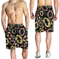 Hawaiian Kakau Tattoo Leis and Palaka Pattern Shorts for Men Traditional Aloha Tribal Black Color