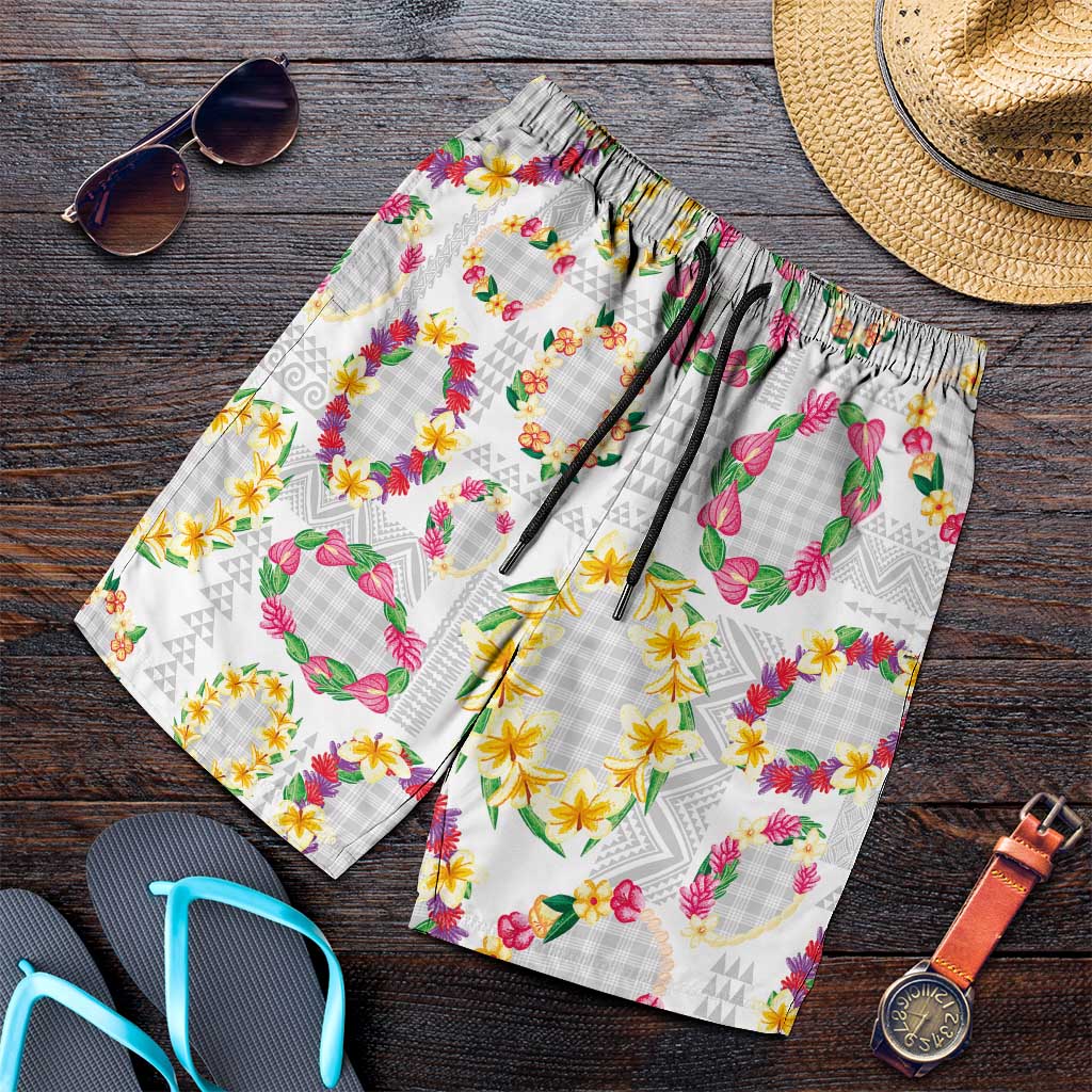 Hawaiian Kakau Tattoo Leis and Palaka Pattern Shorts for Men Traditional Aloha Tribal White Color