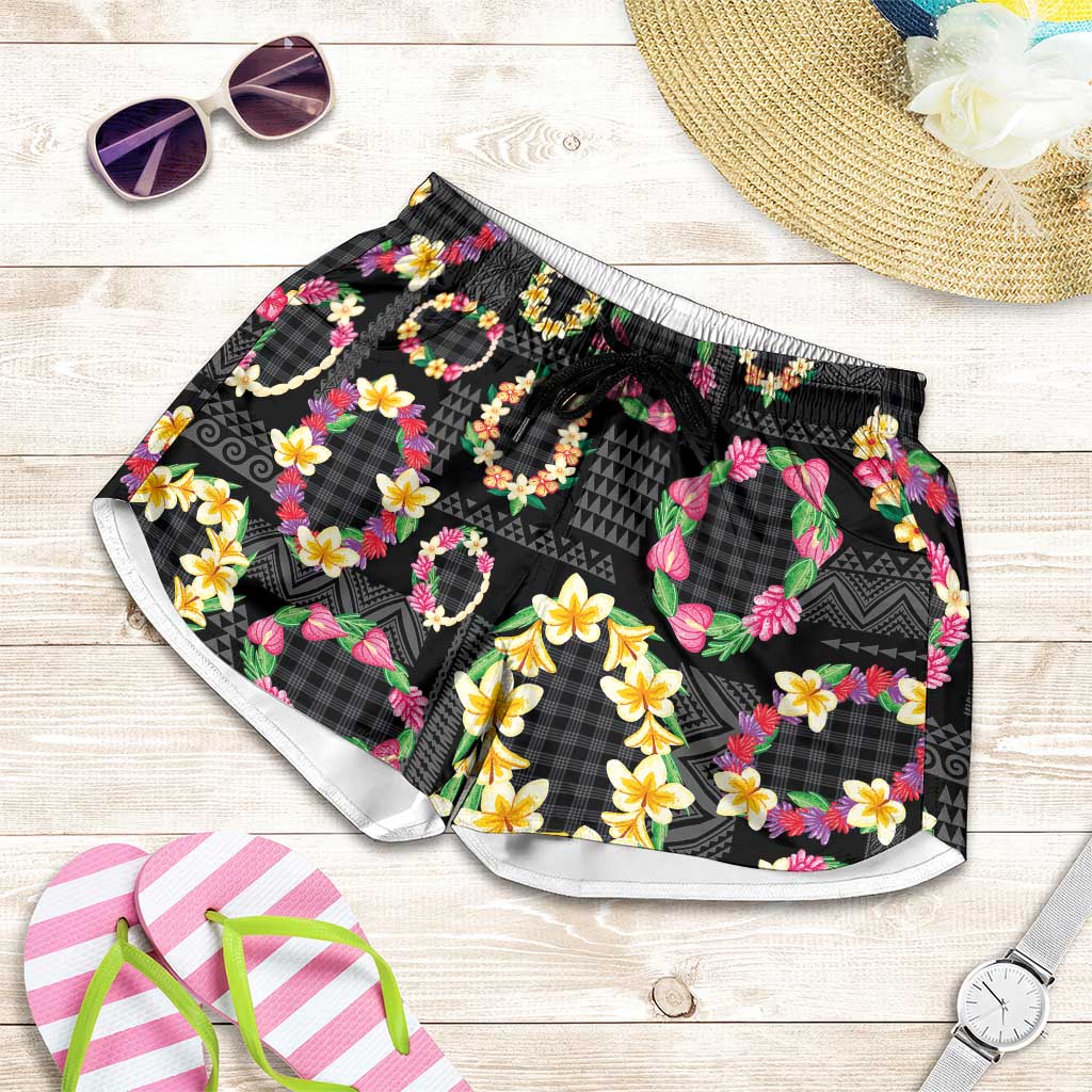 Hawaiian Kakau Tattoo Leis and Palaka Pattern Shorts for Women Traditional Aloha Tribal Black Color