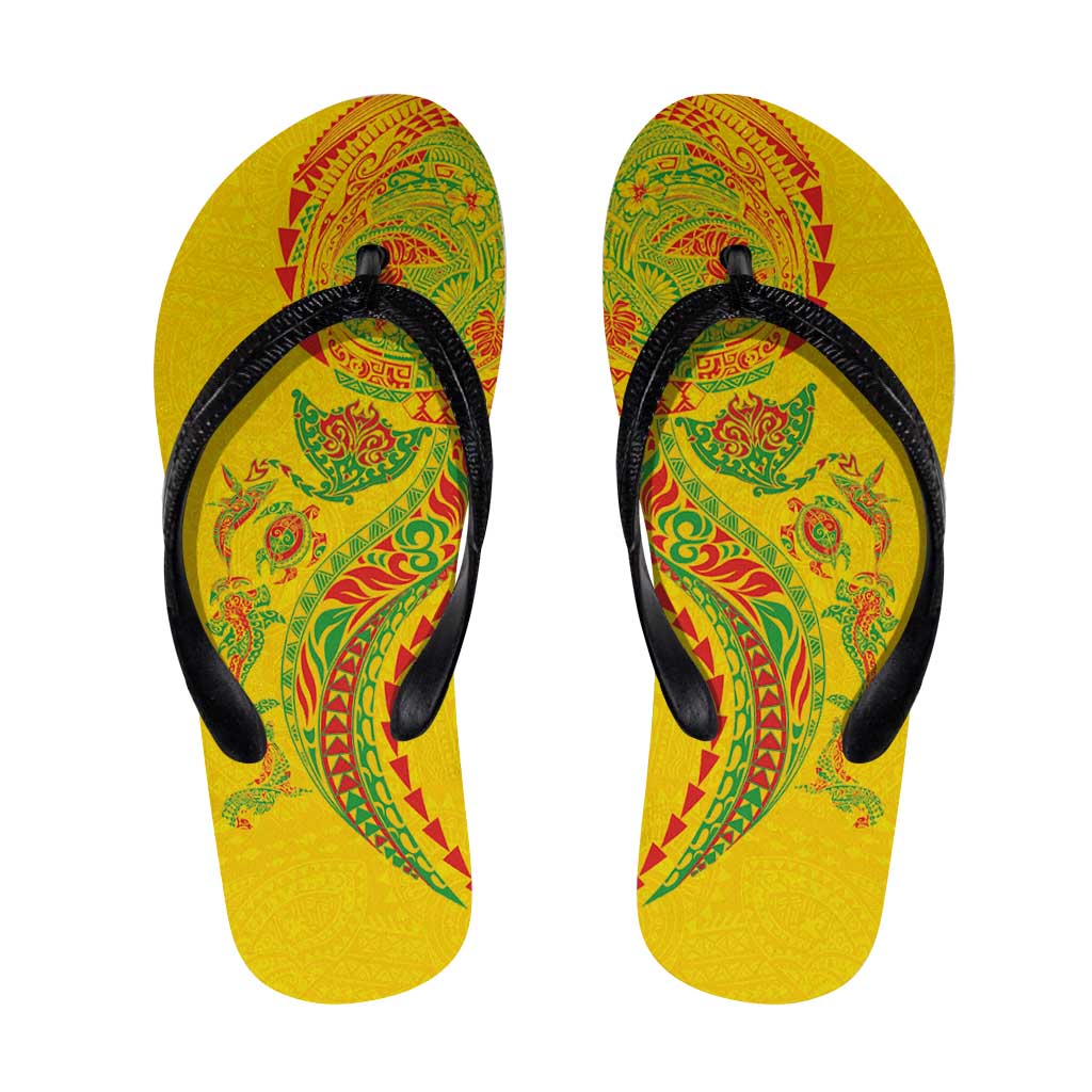 Hawaiian Kakau Tribal Sea Animals Tattoos Flip Flops Kanaka Maoli Flag Color Inspired LT03 Multicolor - Polynesian Pride