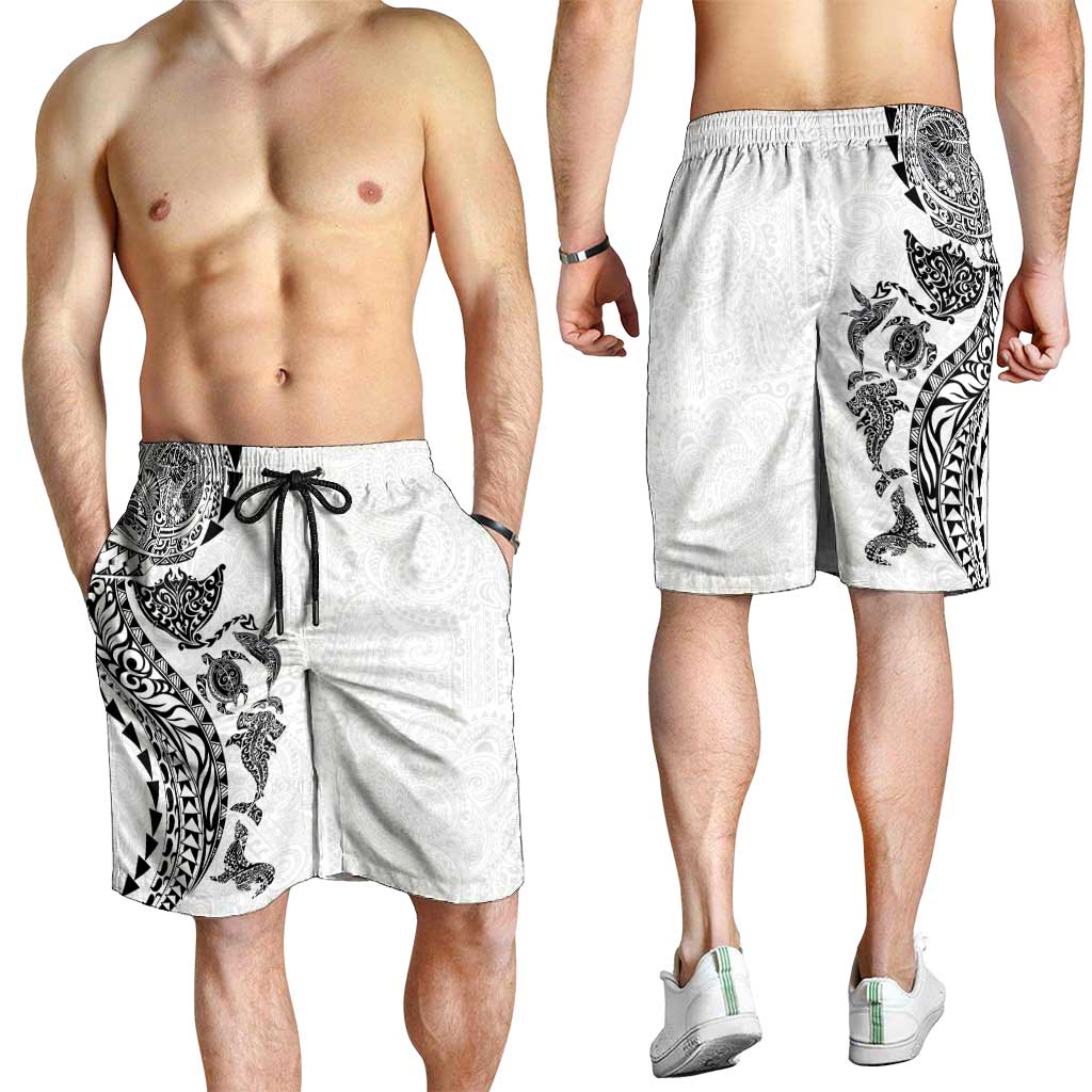 Hawaiian Kakau Tribal Sea Animals Tattoos Shorts for Men White Color