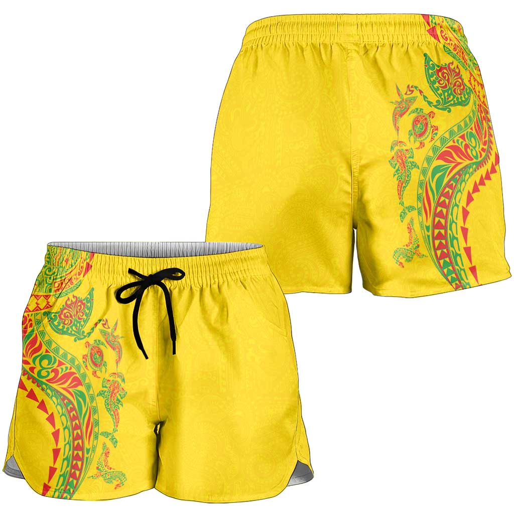 Hawaiian Kakau Tribal Sea Animals Tattoos Shorts for Women Kanaka Maoli Flag Color Inspired