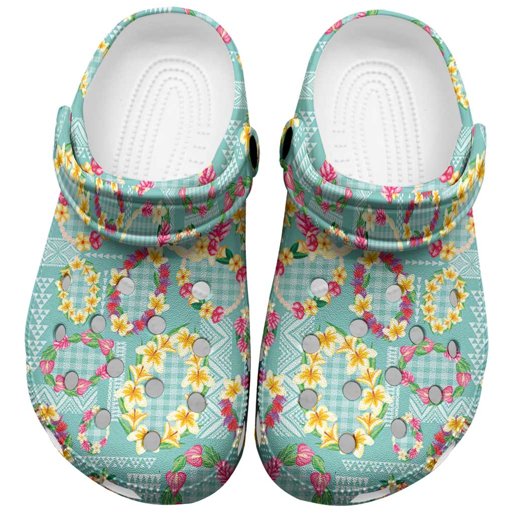 Hawaiian Leis Clogs Shoes Kakau Tattoos and Palaka Pastel Teal Color