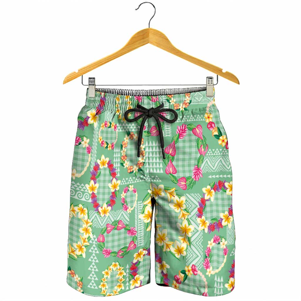 Hawaiian Leis Shorts for Men Kakau Tattoos and Palaka Pastel Green Color