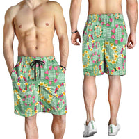 Hawaiian Leis Shorts for Men Kakau Tattoos and Palaka Pastel Green Color