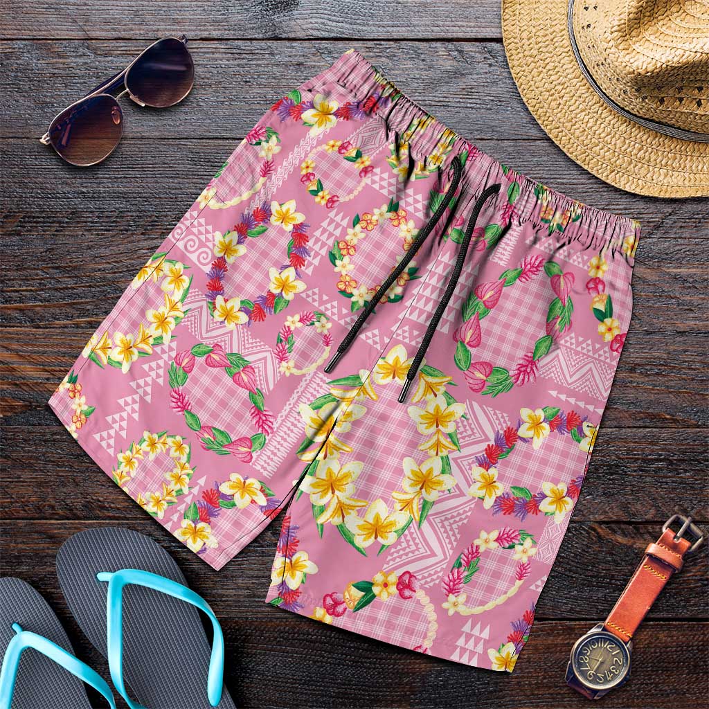 Hawaiian Leis Shorts for Men Kakau Tattoos and Palaka Pastel Pink Color