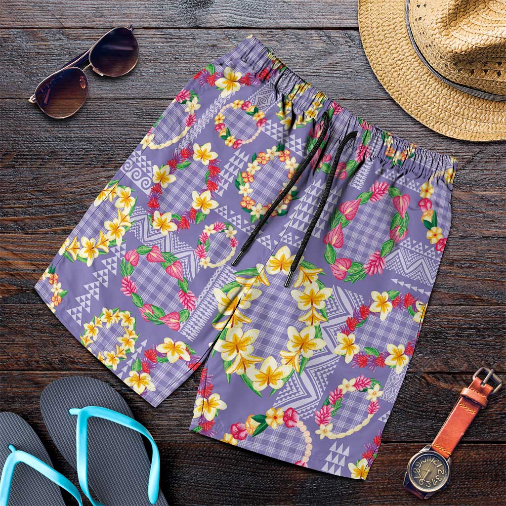 Hawaiian Leis Shorts for Men Kakau Tattoos and Palaka Pastel Purple Color