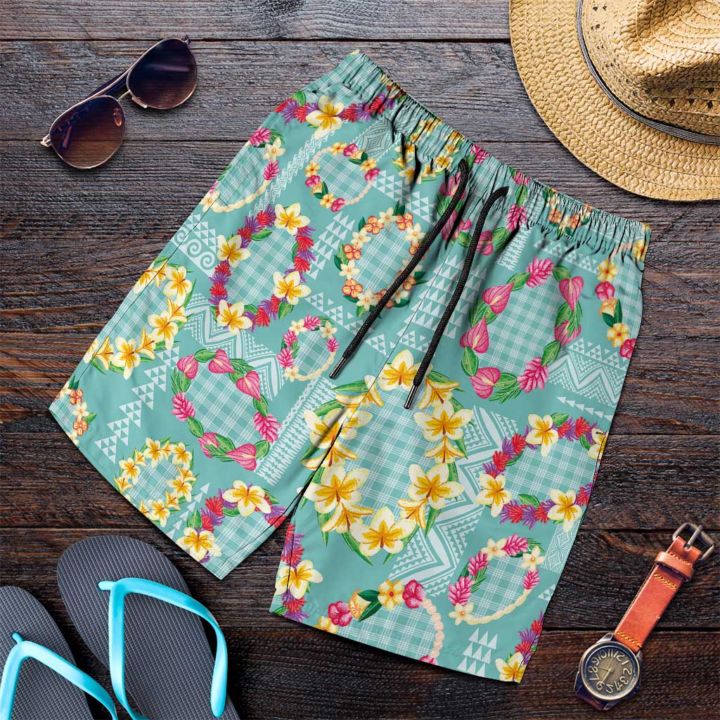 Hawaiian Leis Shorts for Men Kakau Tattoos and Palaka Pastel Teal Color