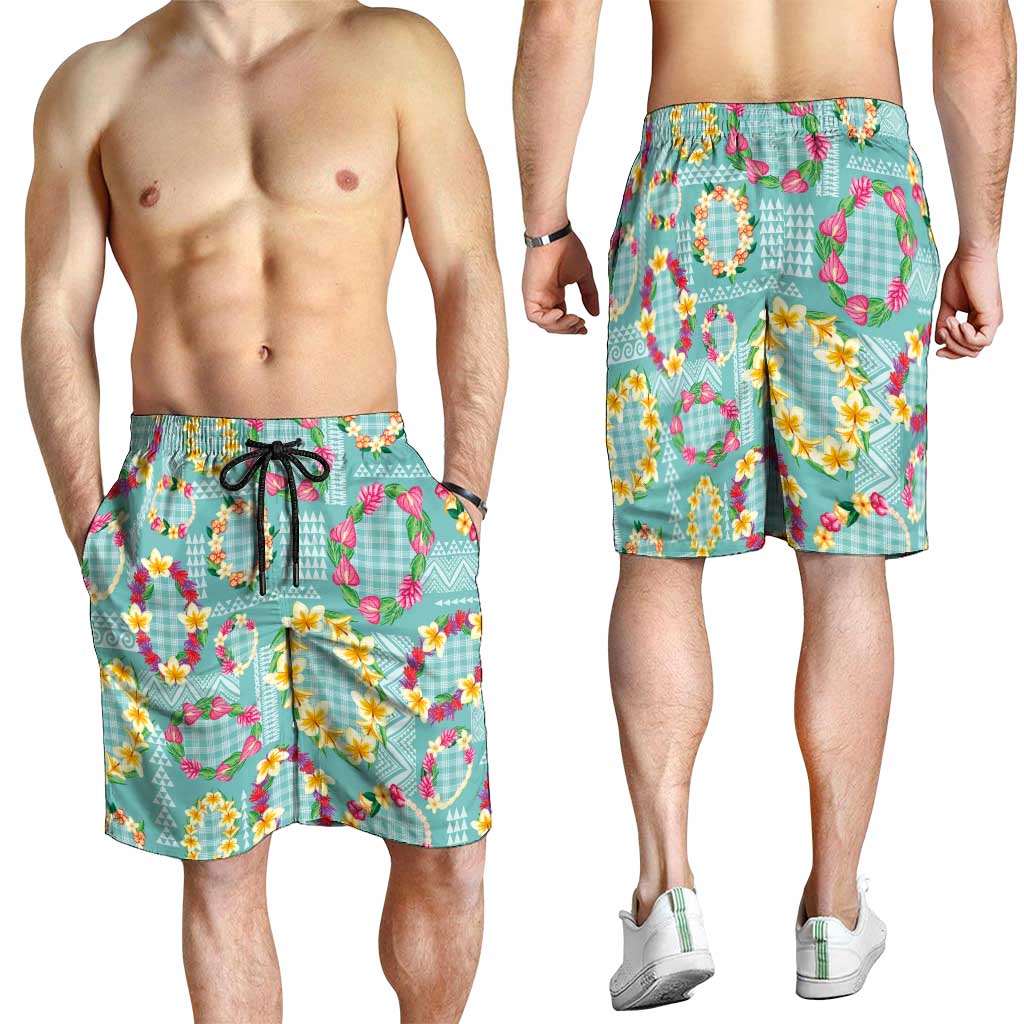Hawaiian Leis Shorts for Men Kakau Tattoos and Palaka Pastel Teal Color