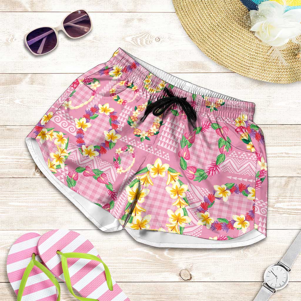 Hawaiian Leis Shorts for Women Kakau Tattoos and Palaka Pastel Pink Color