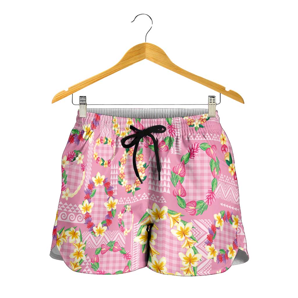 Hawaiian Leis Shorts for Women Kakau Tattoos and Palaka Pastel Pink Color