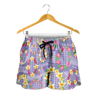 Hawaiian Leis Shorts for Women Kakau Tattoos and Palaka Pastel Purple Color