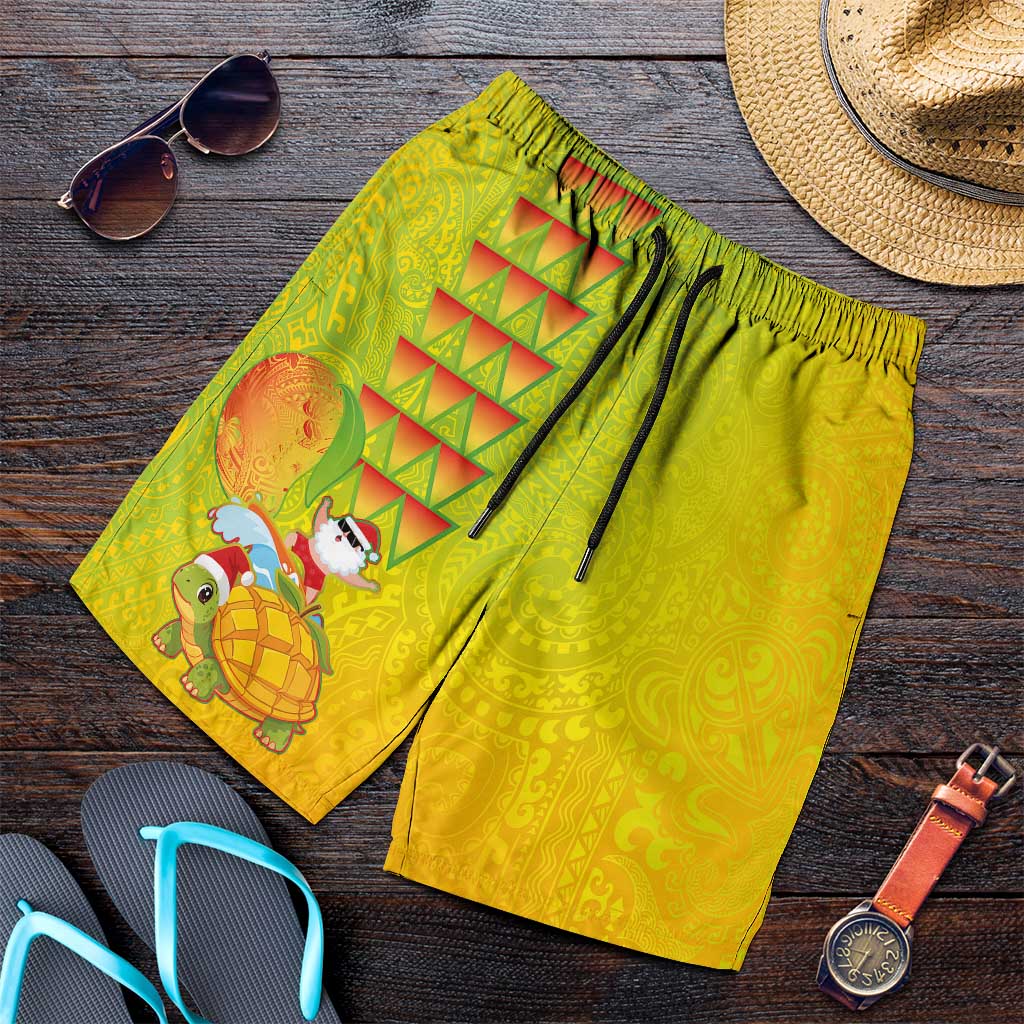Hawaiian Mango Mele Kalikimaka Shorts for Men Santa Claus Surfing with Mango Christmas Turtle