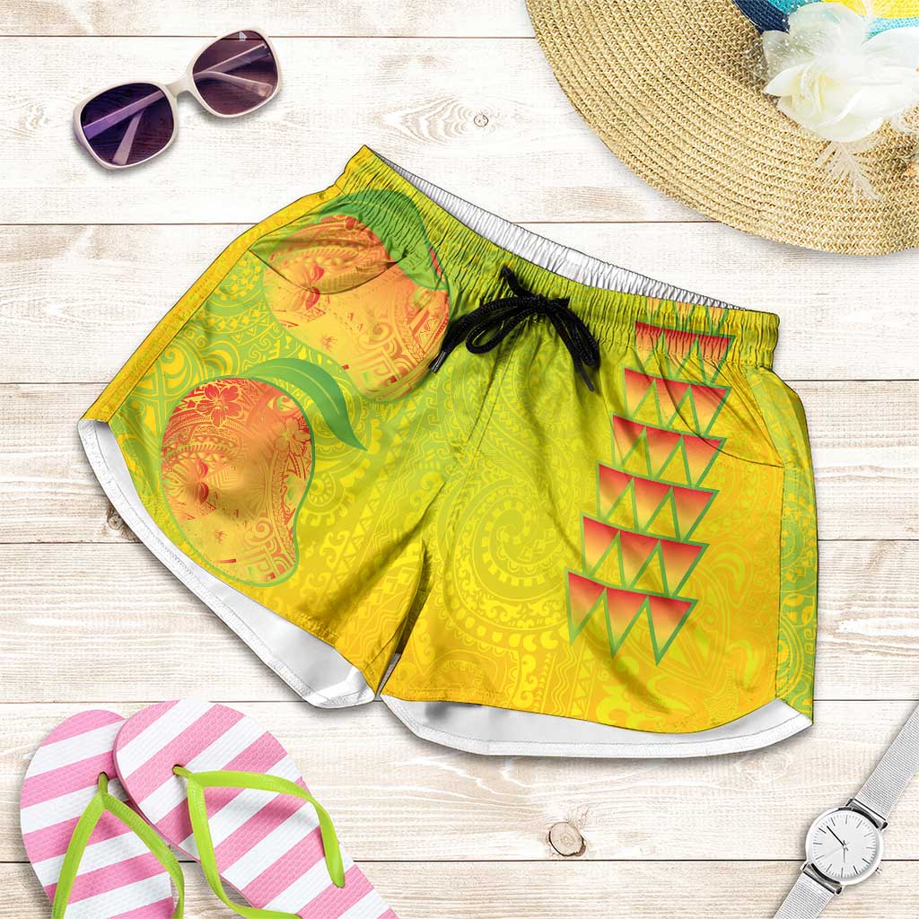Hawaiian Mango Shorts for Women Polynesian Art Pattern and Kakau Tattoo