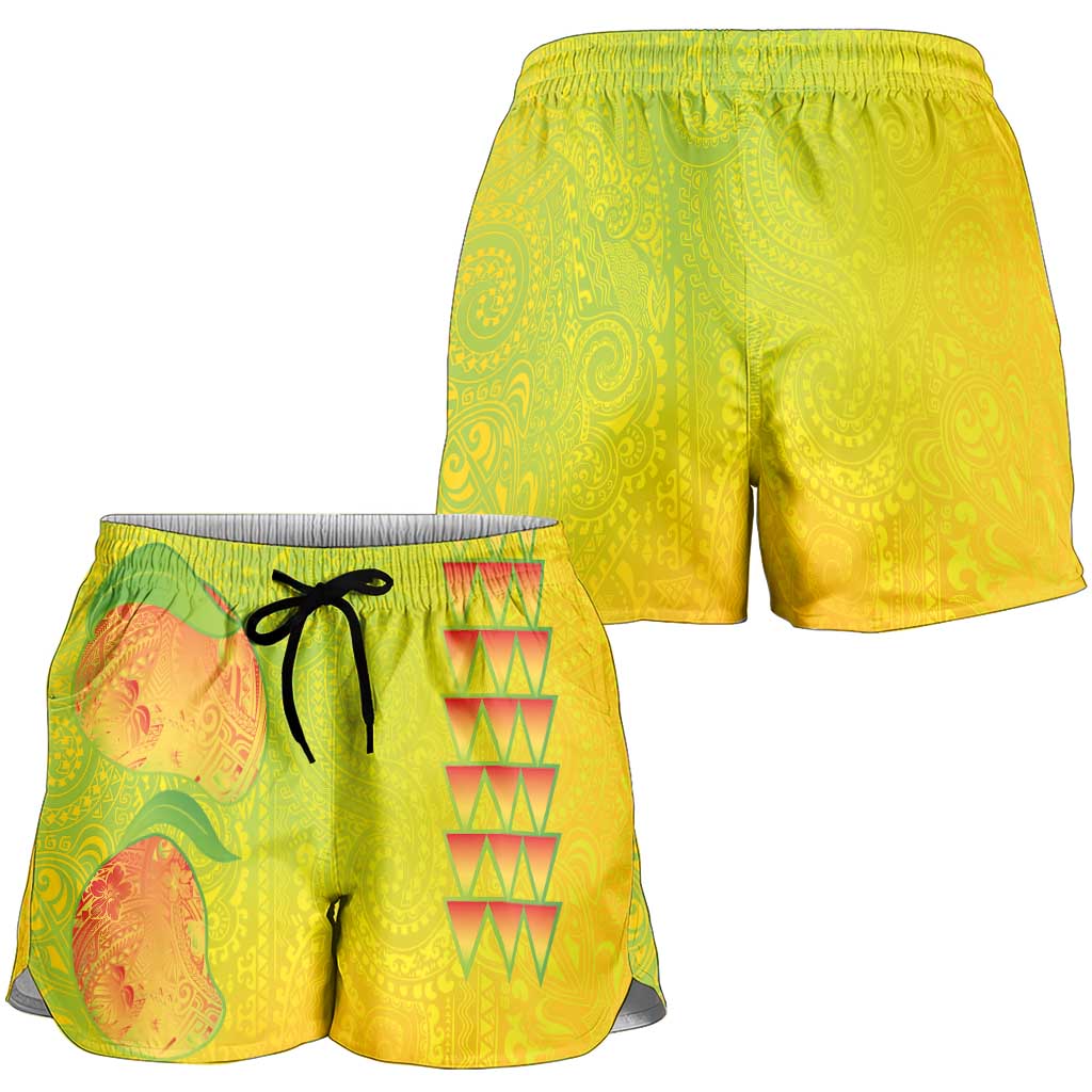 Hawaiian Mango Shorts for Women Polynesian Art Pattern and Kakau Tattoo
