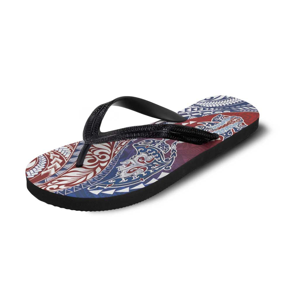 Hawaiian Manta Ray and Hammerhead Shark Tribal Tattoo Flip Flops with Polynesian Tribal Pattern Hawaii Flag Color