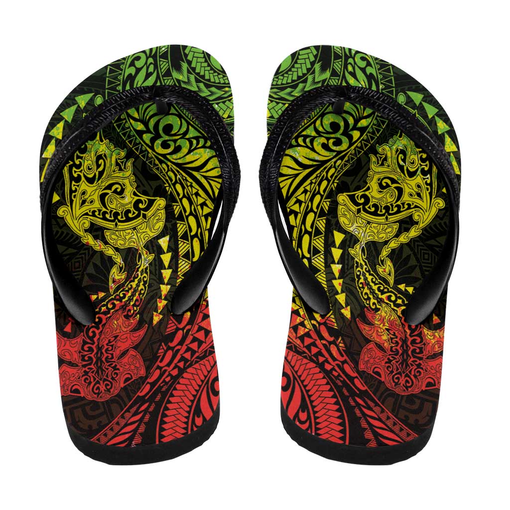 Hawaiian Manta Ray and Hammerhead Shark Tribal Tattoo Flip Flops with Polynesian Tribal Pattern Reggae Style