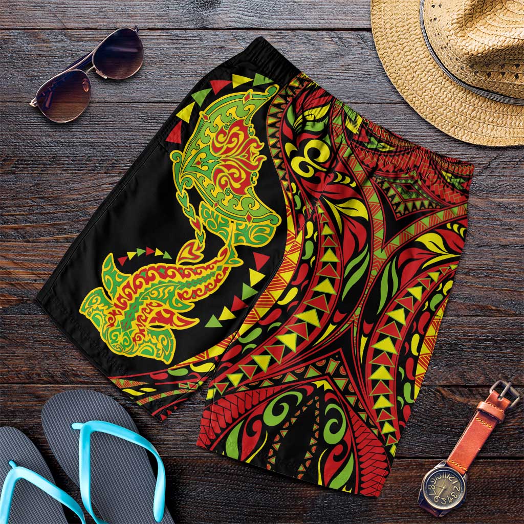 Hawaiian Manta Ray and Hammerhead Shark Tribal Tattoo Shorts for Men with Polynesian Tribal Pattern Kanaka Maoli Flag Color